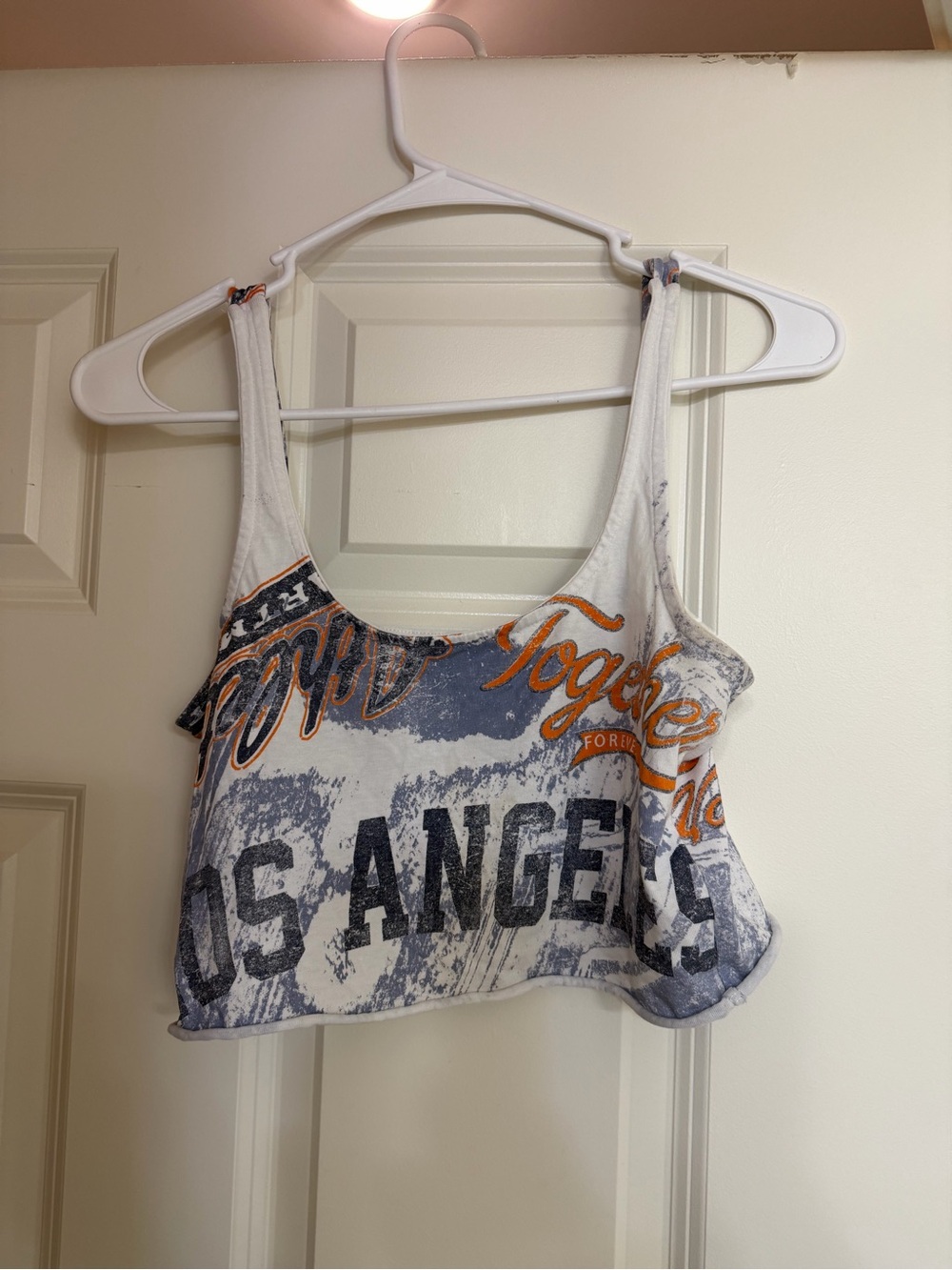 Forever 21 White and Navy 'Los Angeles' Graphic Crop Tank with Orange Script